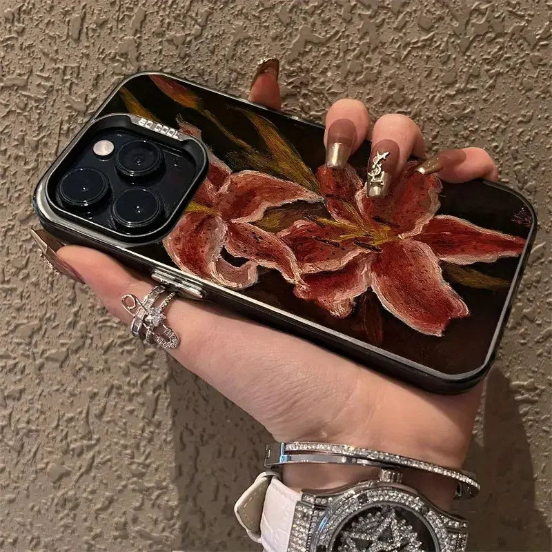 Oil Painting Lily Flower Retro Pattern Phone Case For iPhone 16 15 14 17 Air Pro Max 16E 13 12 11 7 8 SE 2022 Shockproof Cover