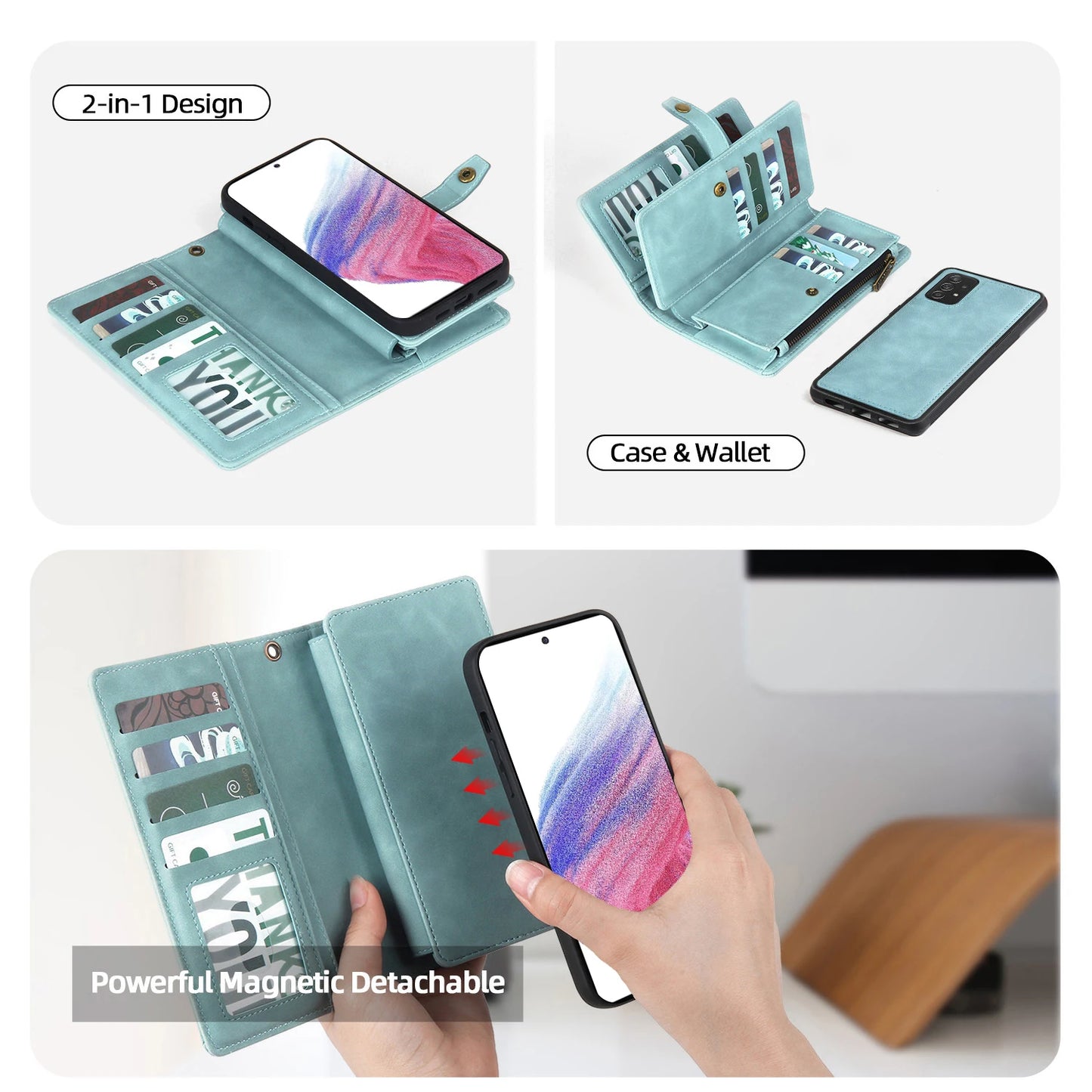 Detachable Magnetic Leather Case For Samsung Galaxy A73 A71 A54 A53 A52 A51 A34 A33 A15 A55 A35 Zipper Wallet Cards Holder Cover